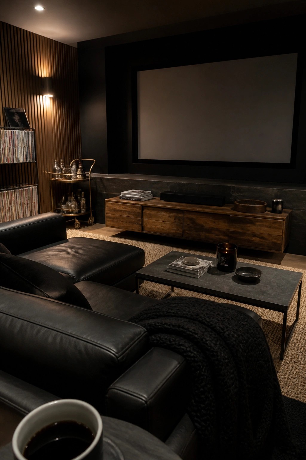 A dark media room featuring a black leather sectional sofa, a wooden media console with a large screen above it, and a record collection along the left wall.