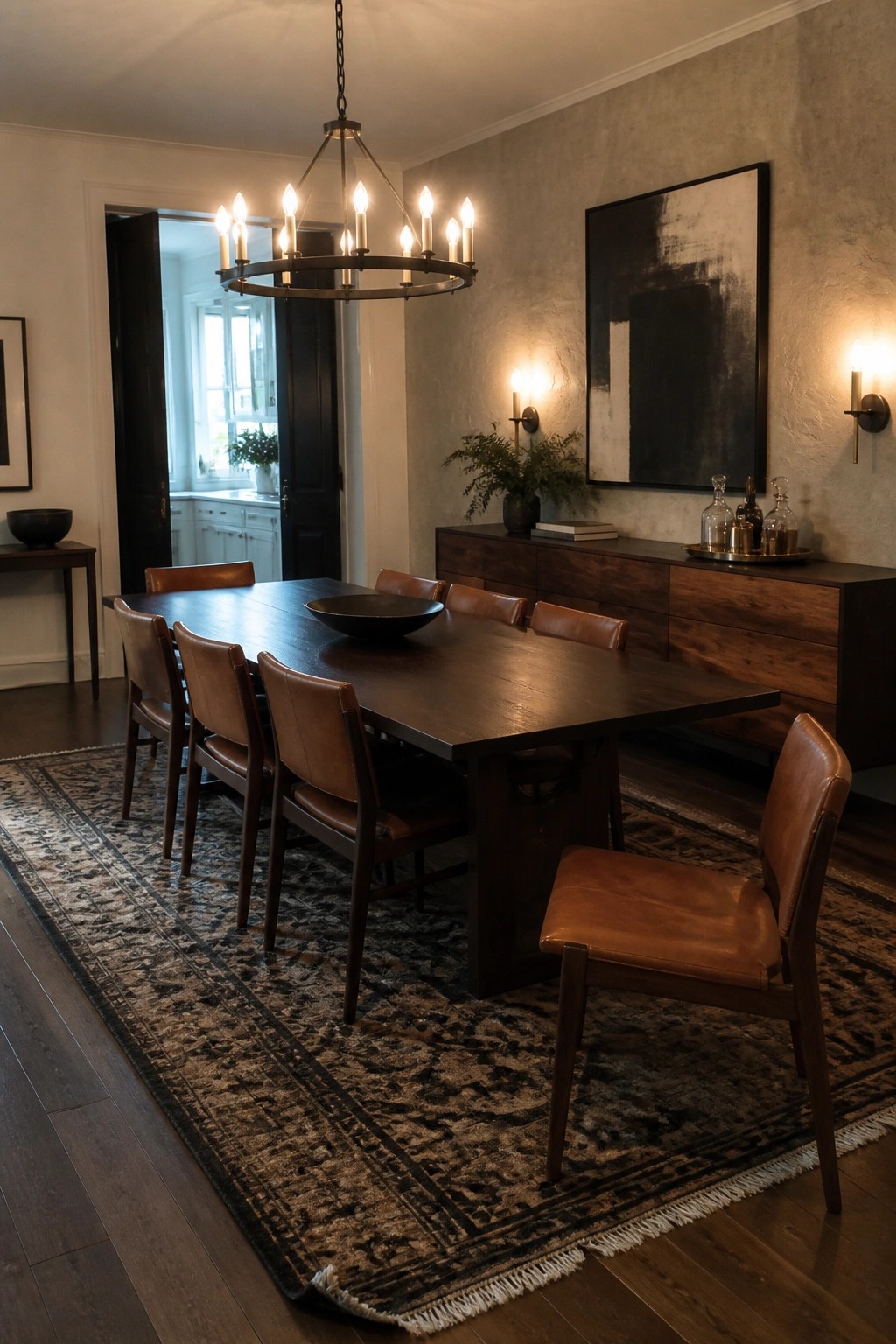 A dining room with a long dark wood table, six brown leather chairs, a circular metal chandelier, a dark wood sideboard, and a large abstract painting on a textured wall.