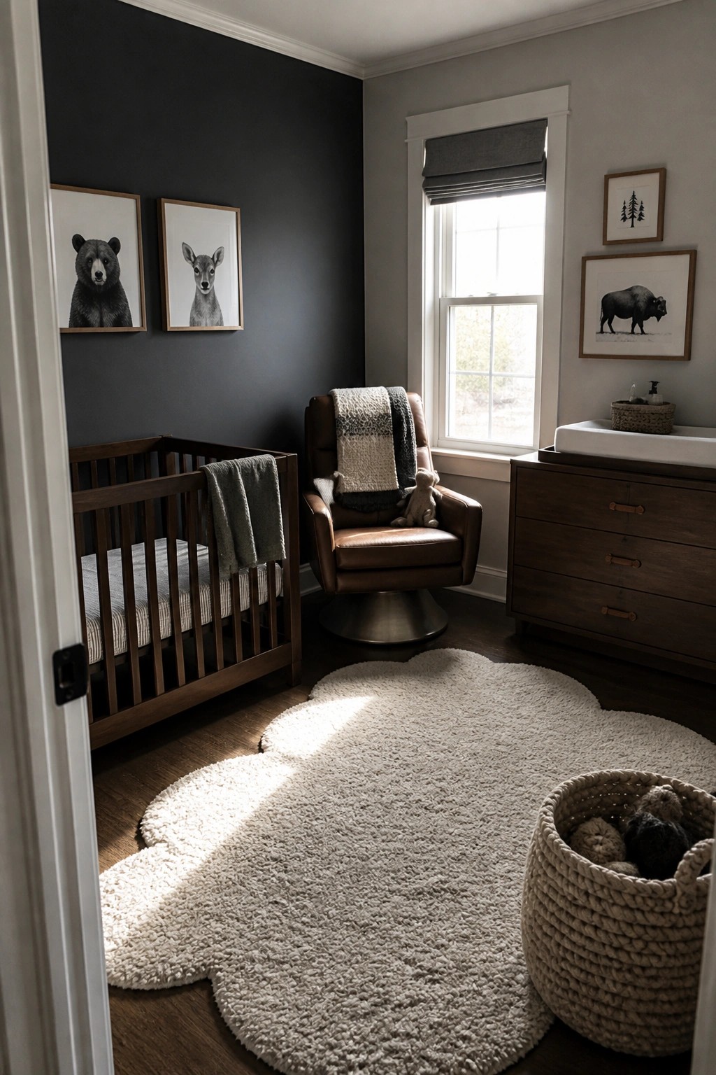 A nursery featuring a dark wood crib, brown leather swivel chair with a stuffed animal, white fluffy cloud rug, and framed animal prints on dark walls.