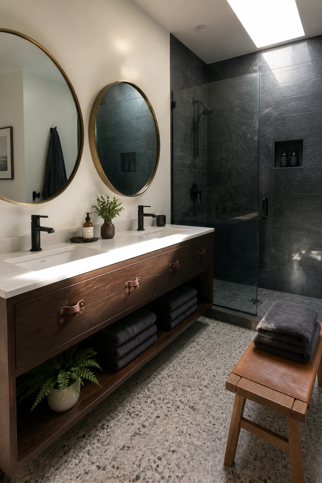 A modern bathroom features a long dark wood double vanity with white countertop, two round mirrors, black faucets, and a glass shower with dark tile walls, plus a leather bench holding folded towels.