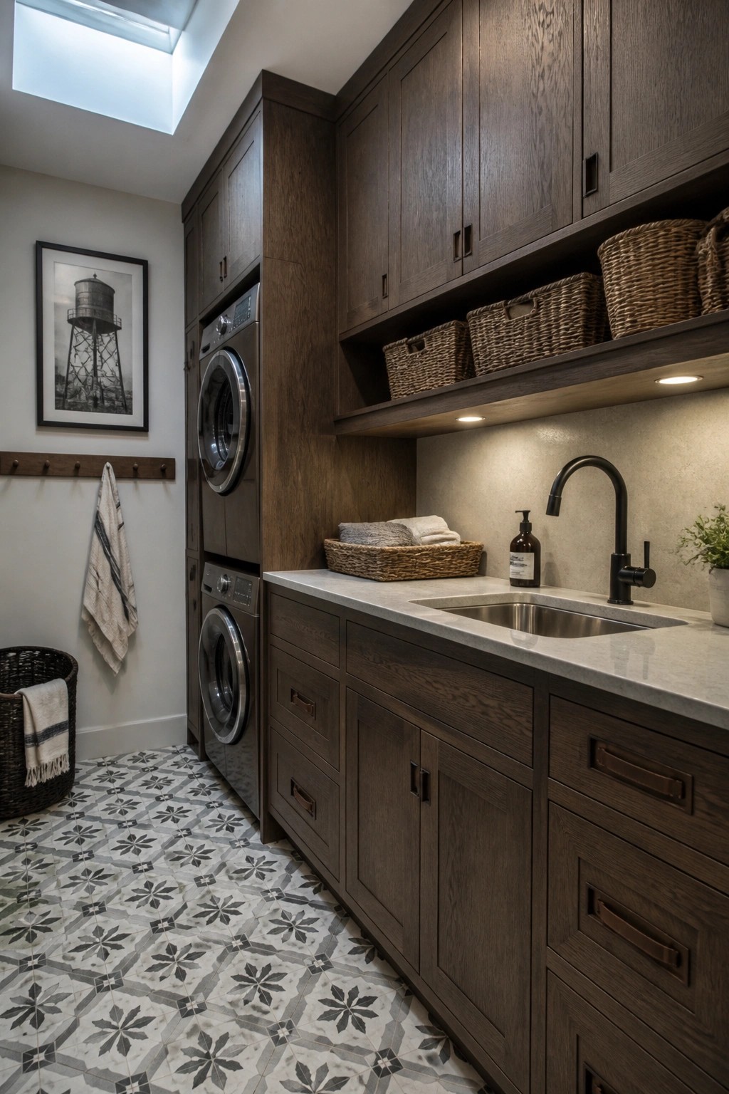 Modern laundry room with dark wood cabinets, stacked washer dryer, and utility sink