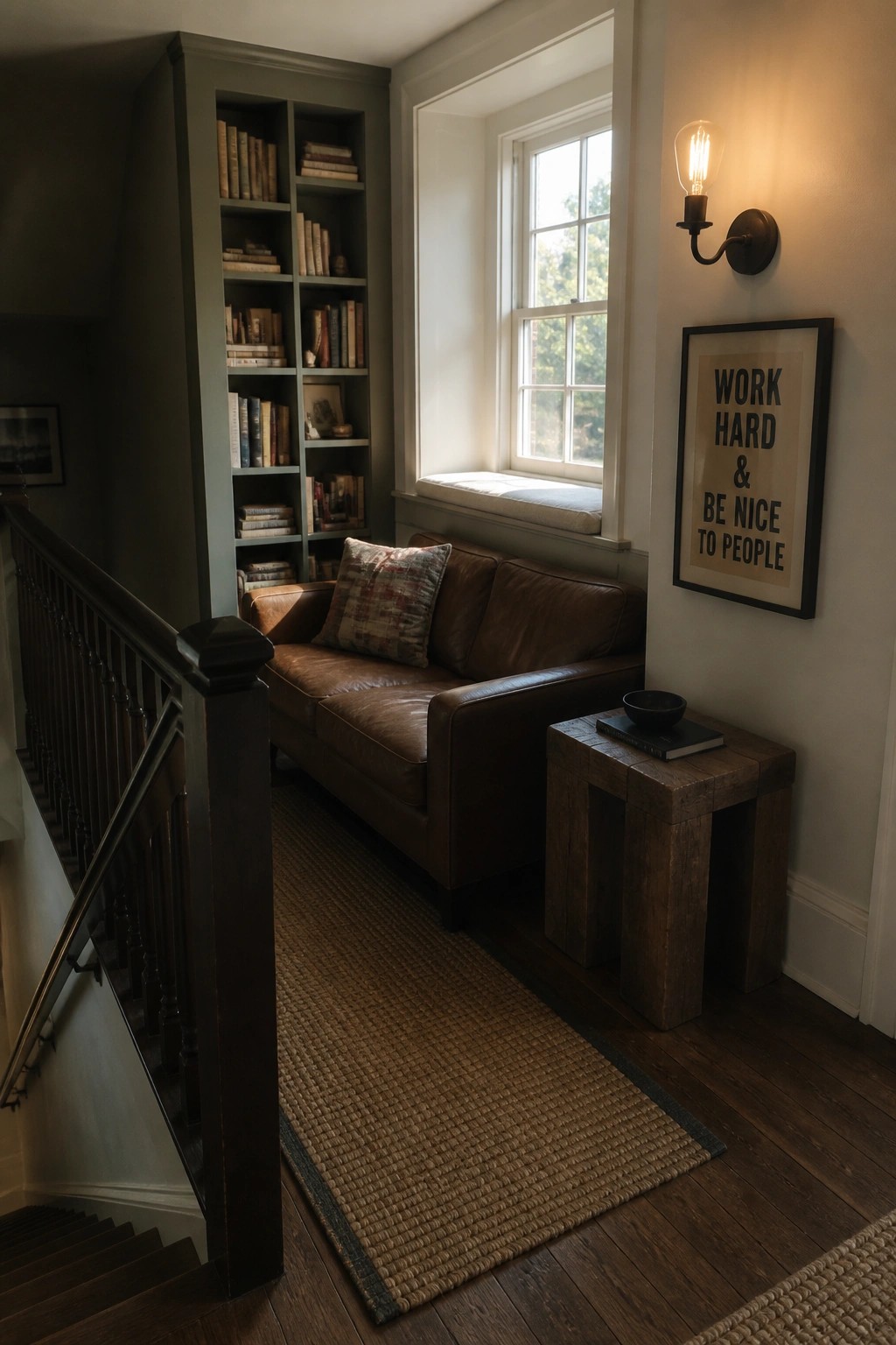 Cozy nook with brown leather sofa, green bookshelves, window seat, and wooden table