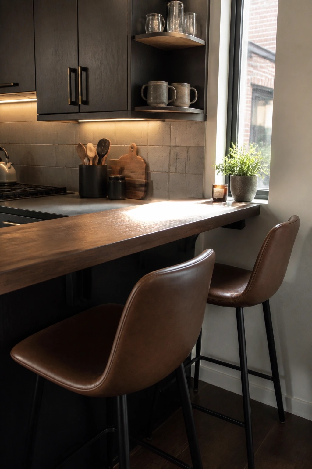 Two brown leather bar stools at dark wooden kitchen counter with floating shelves