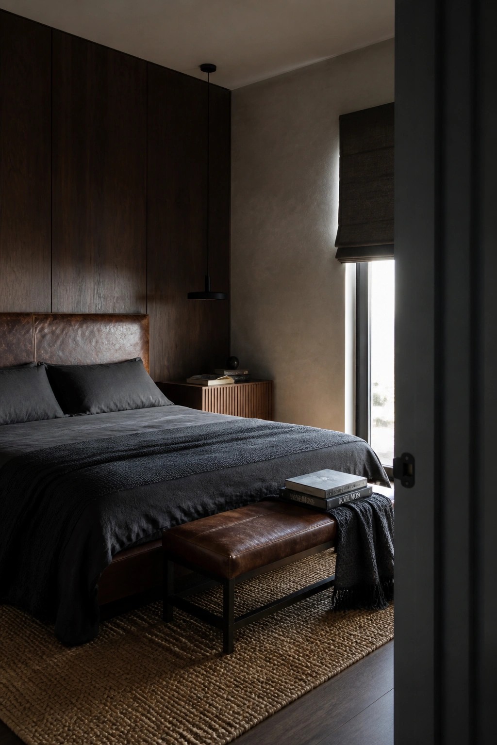 Dark modern bedroom with black linens, leather bench, woven rug, and pendant light.