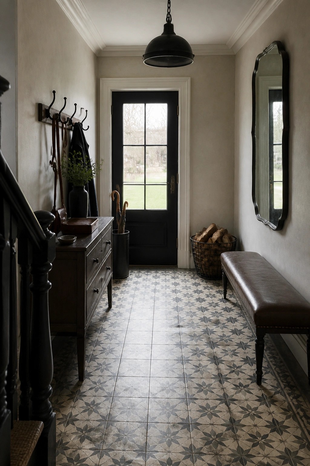 Farmhouse entryway with patterned tiles, black door, leather bench, mirror, and coat hooks.