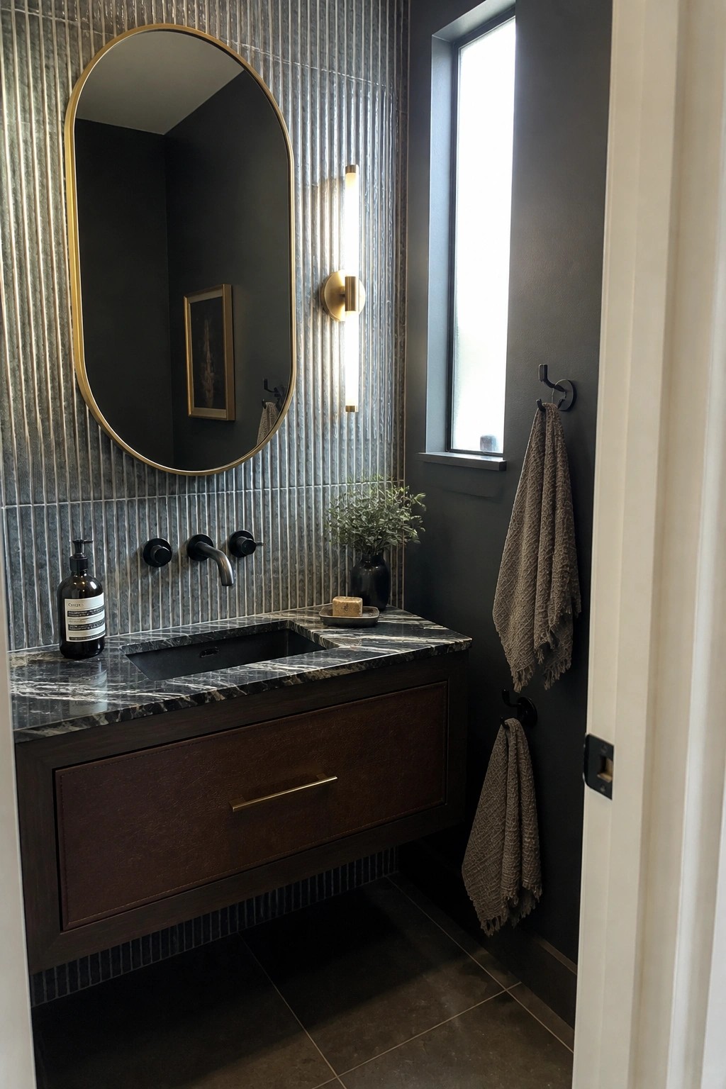 A bathroom vanity with a dark wood cabinet featuring a leathered drawer front, black marble countertop, black sink, and an oval mirror above.