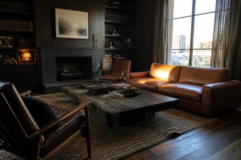 23 Bold Masculine Interior Design Ideas Built Around Dark Wood and Leather A living room featuring a brown leather sofa, dark wood coffee table on a rug, black leather armchairs, a fireplace with dark walls, and built-in shelves.
