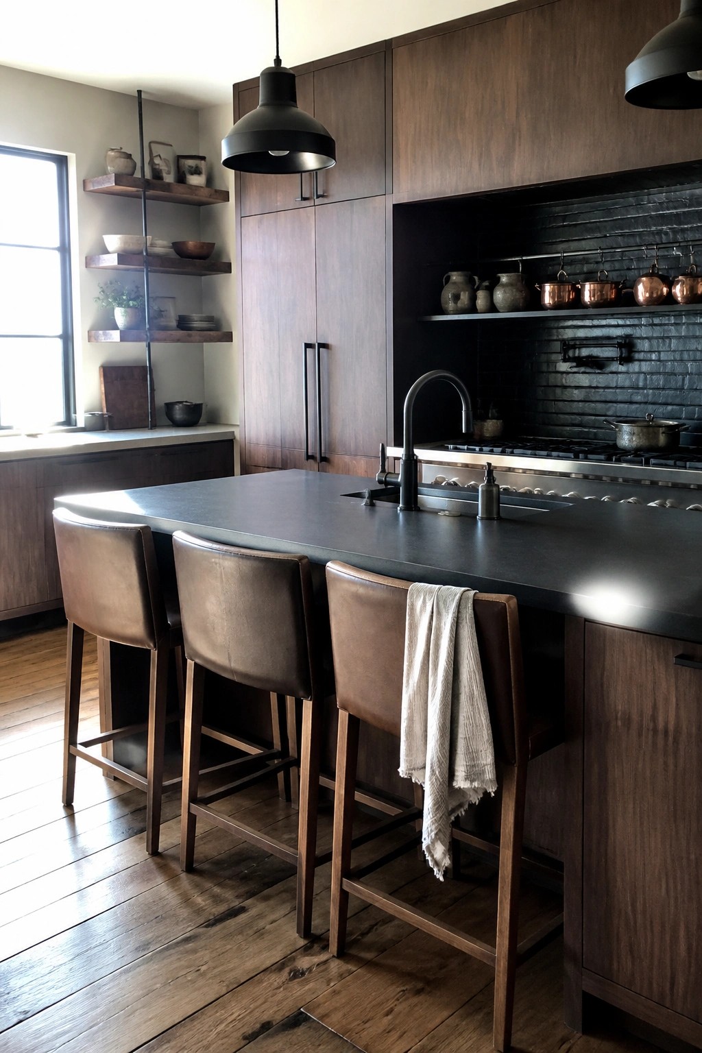 A modern kitchen with a dark wood island, three brown leather bar stools, black countertops, and dark wood cabinetry.
