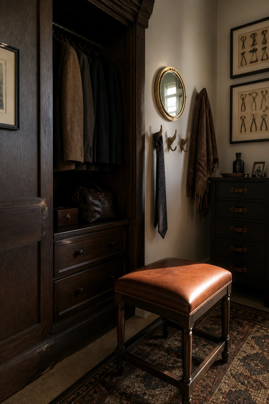 A dark wood built-in closet with open hanging space, lower drawers, a brown leather ottoman on a patterned rug, and wall hooks holding ties and a scarf.