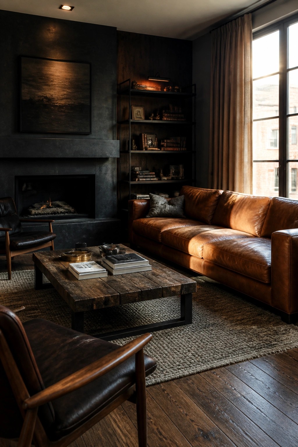A living room featuring a brown leather sofa, dark wood coffee table on a rug, black leather armchairs, a fireplace with dark walls, and built-in shelves.