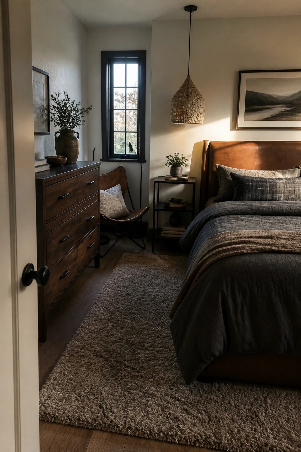 A bedroom with a brown leather bed, dark wood dresser, leather chair, shaggy rug, and a woven pendant light.