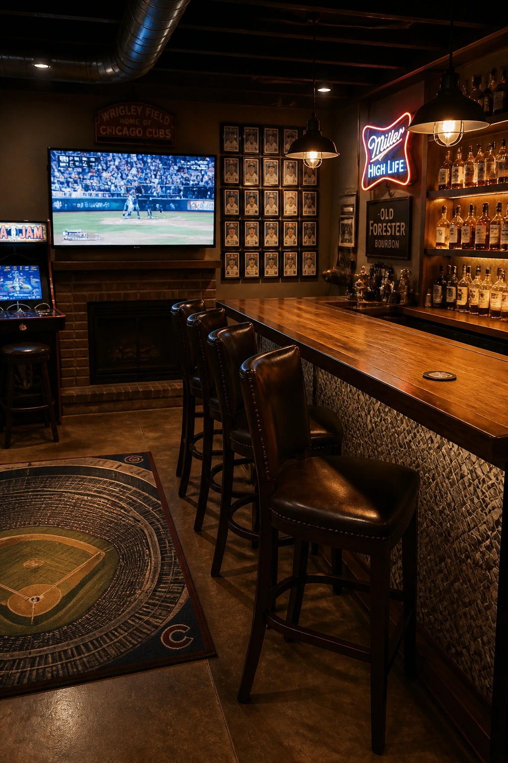 Interior of a sports-themed room with a long wooden bar counter, dark leather bar stools, a large TV showing a baseball game, and a wall displaying multiple framed player photos.