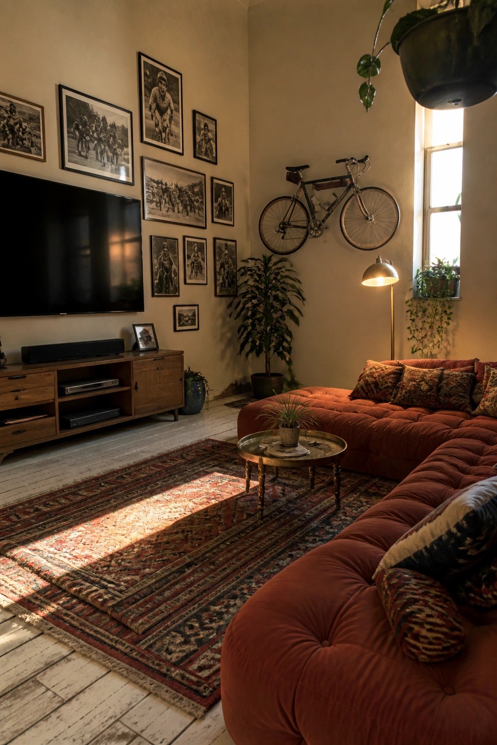 A living room interior with a large flat-screen TV on a wooden media console and multiple framed black-and-white photos of cyclists arranged on the wall above and to the right of the television.