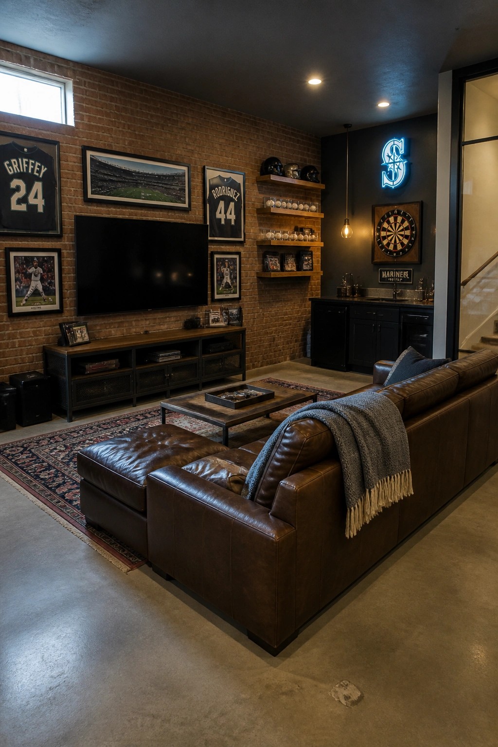 Modern man cave with brown leather sofa, brick wall baseball displays, and neon sign