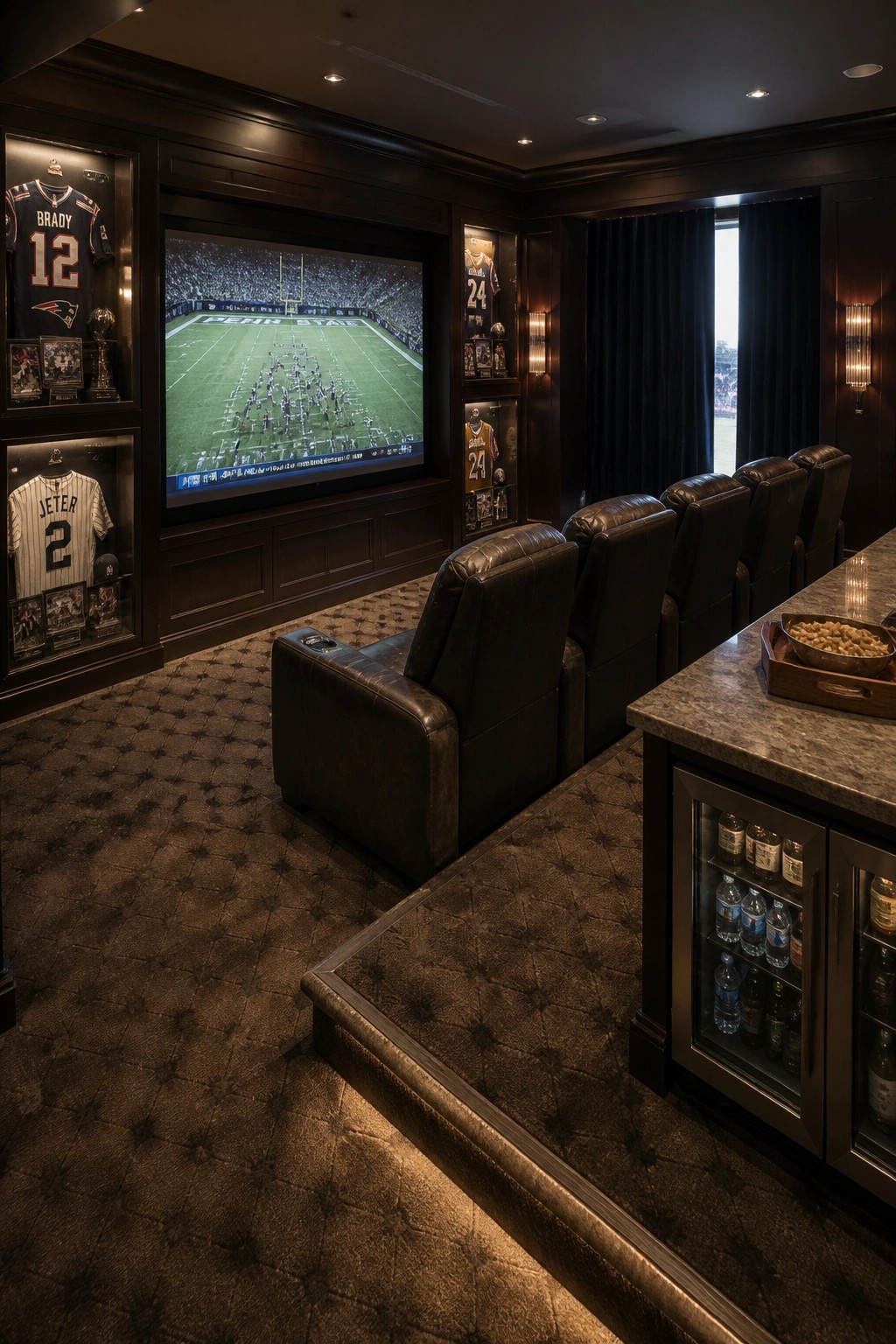 A home theater room with dark leather recliners facing a large TV showing a football game, sports jerseys in lit wall cases, and a bar area with beverages.