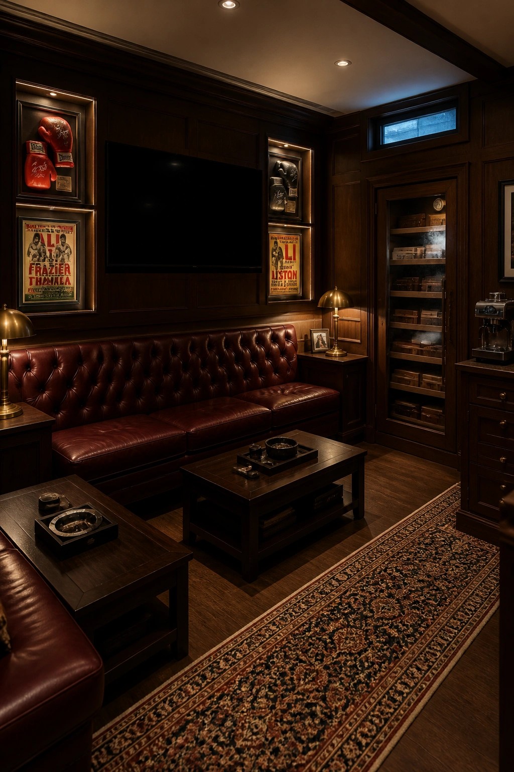 A wood-paneled room with a large TV centered between two illuminated recessed niches holding red boxing gloves and framed vintage fight posters above a red leather tufted sofa.