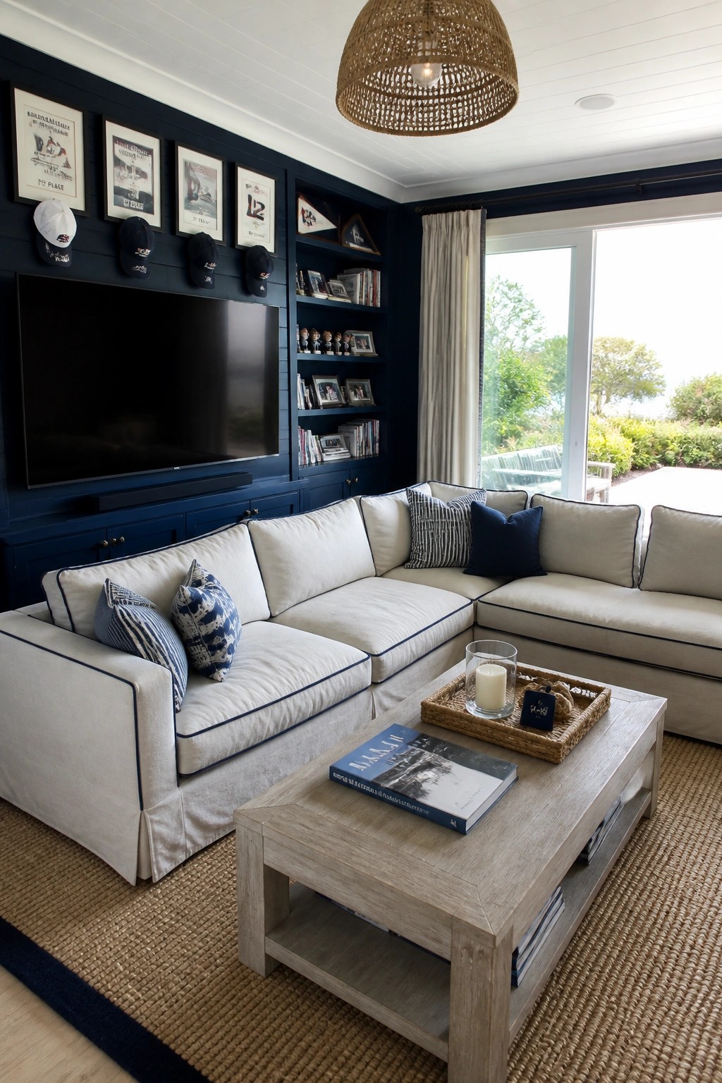 Cozy living room with beige sectional sofa, navy built-in shelves, and light wood coffee table.