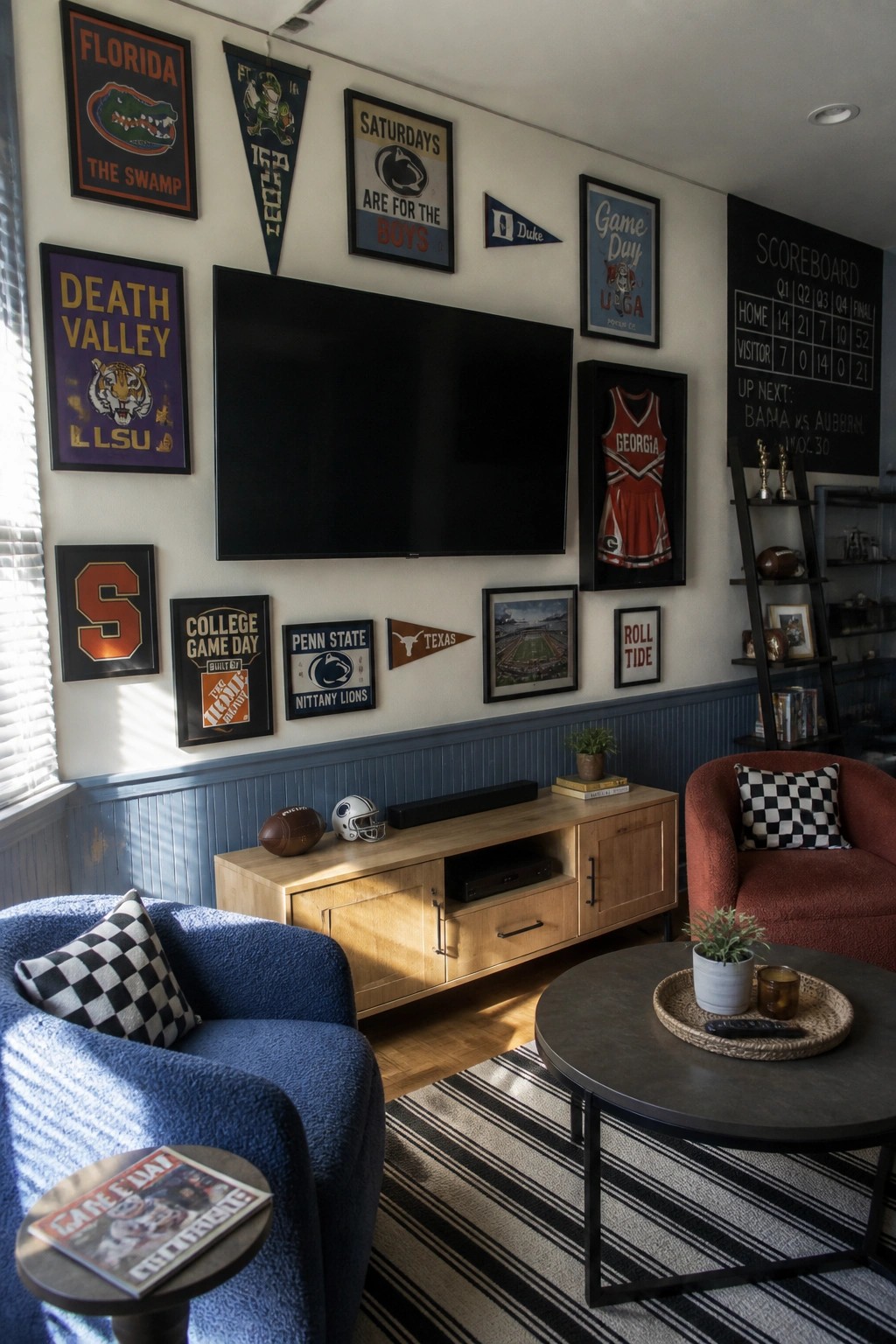 A living room wall covered with assorted college sports pennants, signs, and framed items arranged around a large flat screen TV above a wooden console.