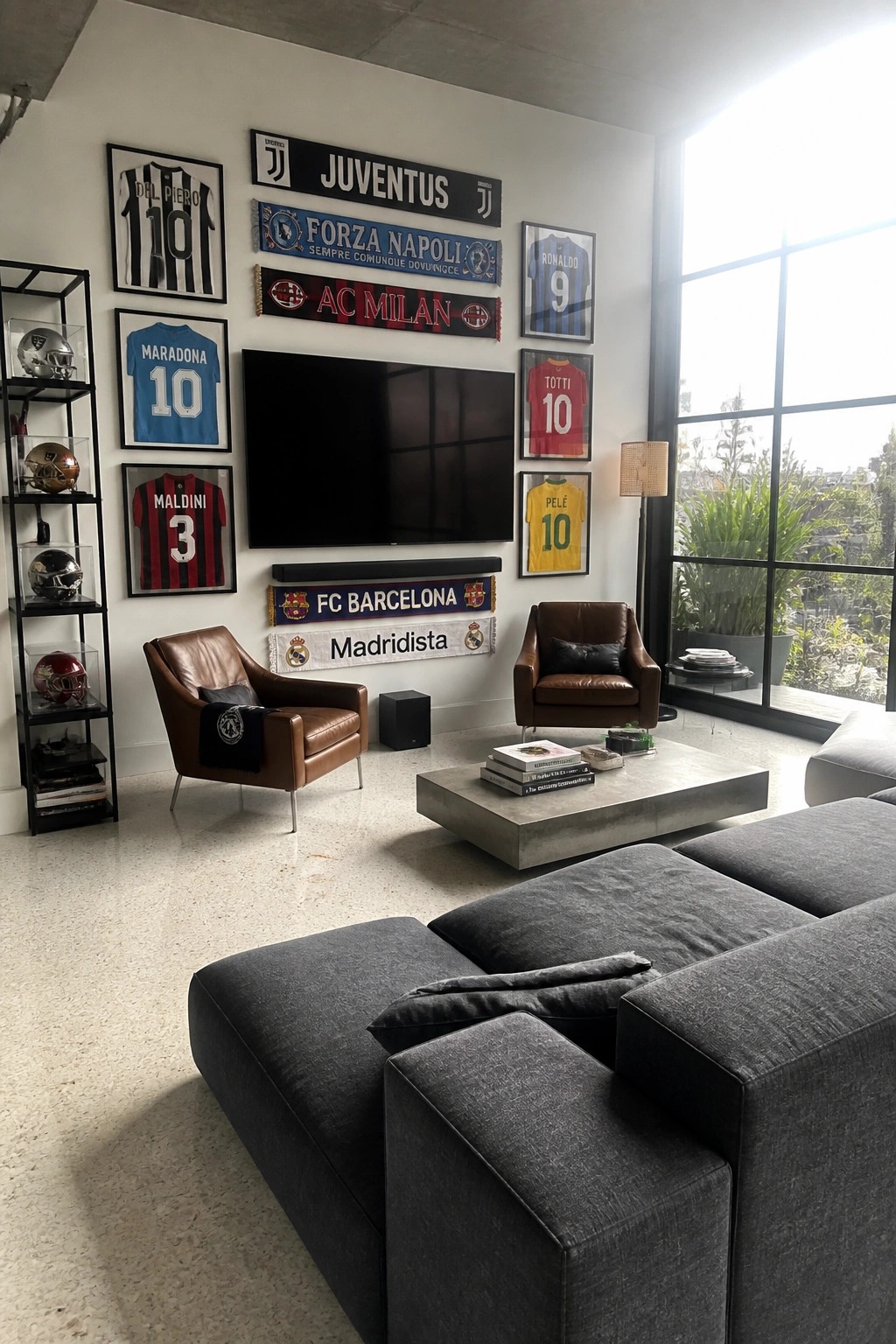 Modern living room with gray sectional sofa, leather chairs, and soccer jersey wall display