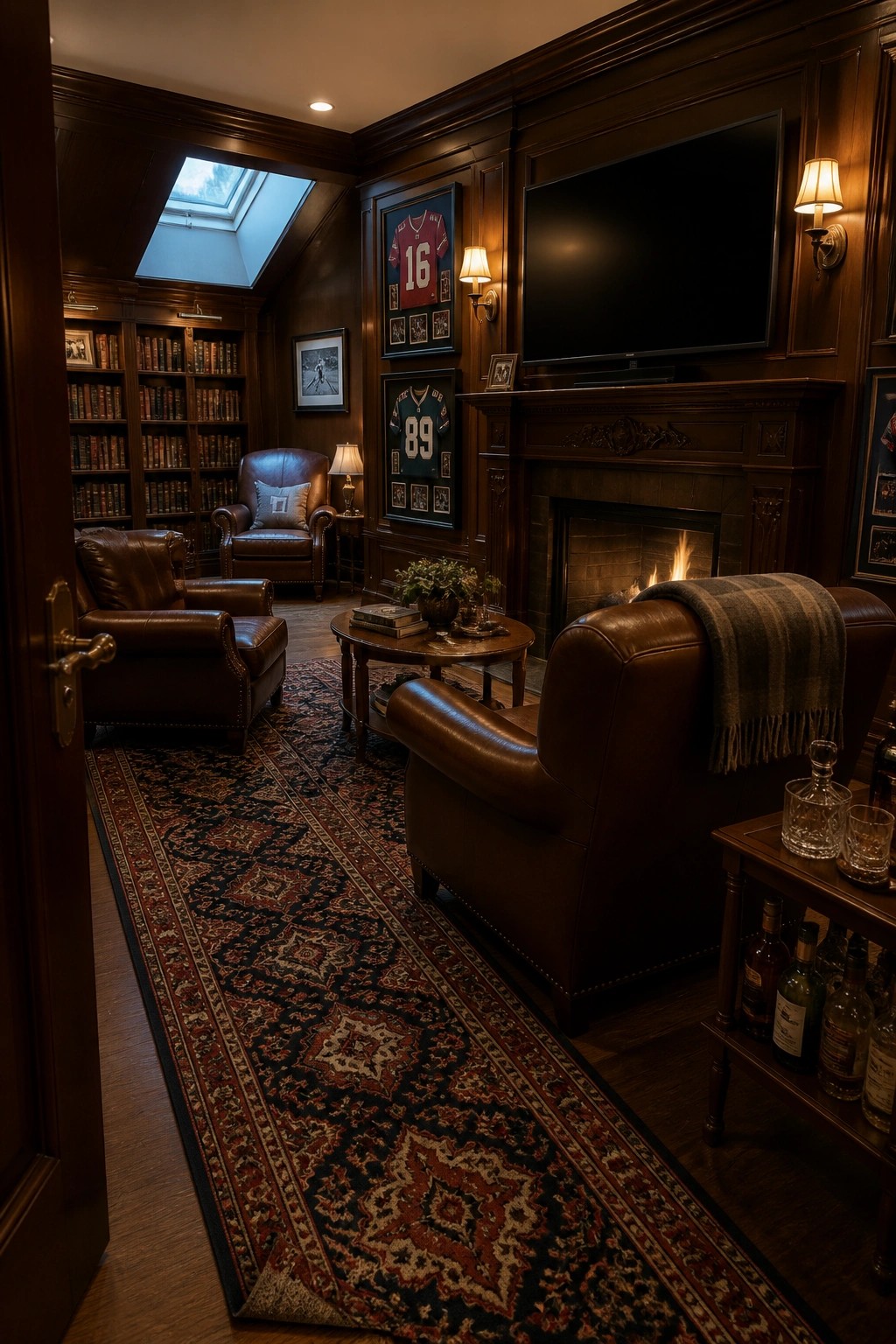 Interior view of a dark wood-paneled man cave with leather armchairs, a large TV above a fireplace, framed football jerseys on the wall, and built-in bookshelves.