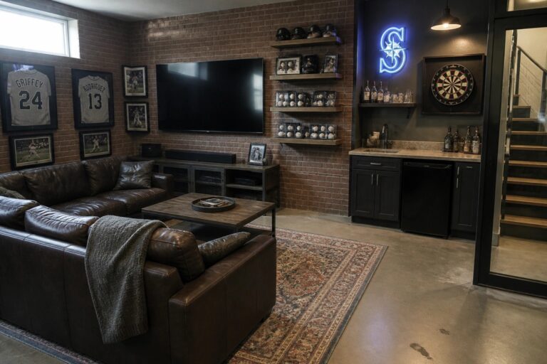23 Bold Sports Man Cave Ideas Built Around Large-Screen TVs and Framed Memorabilia Modern man cave with brown leather sofa, brick wall baseball displays, and neon sign