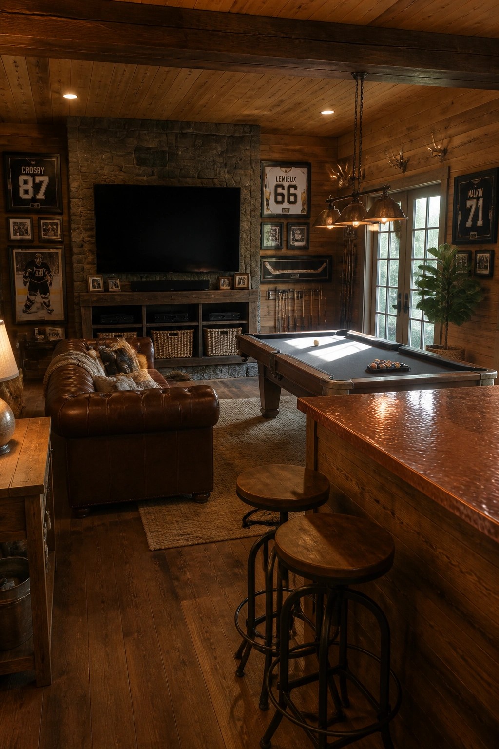 A rustic man cave with a large TV mounted on a stone fireplace wall, flanked by framed hockey jerseys, a pool table, and a wooden bar with stools.