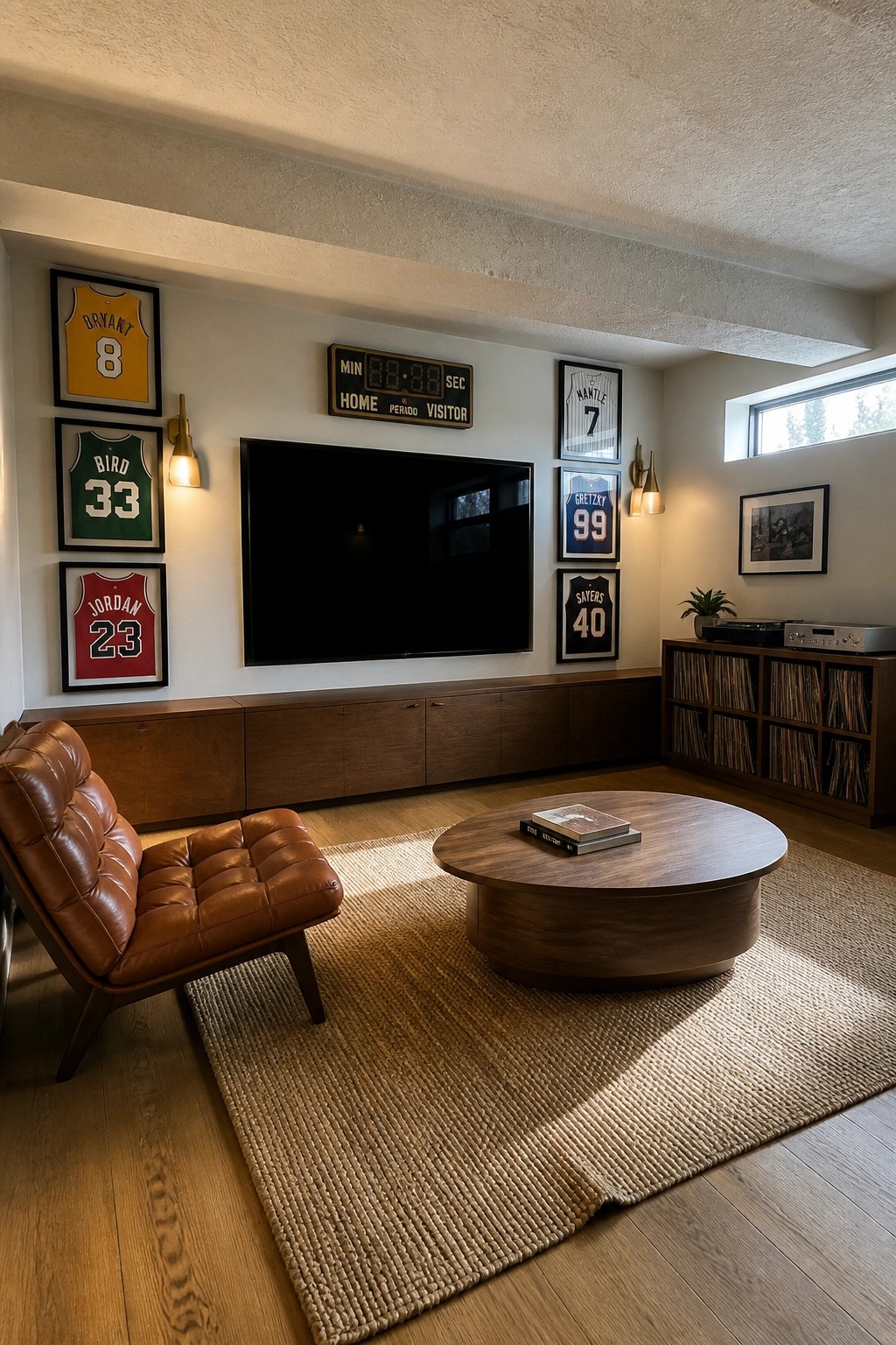 A living room featuring a large wall-mounted TV surrounded by framed sports jerseys and a scoreboard above it, with a leather chair and round coffee table in the foreground.