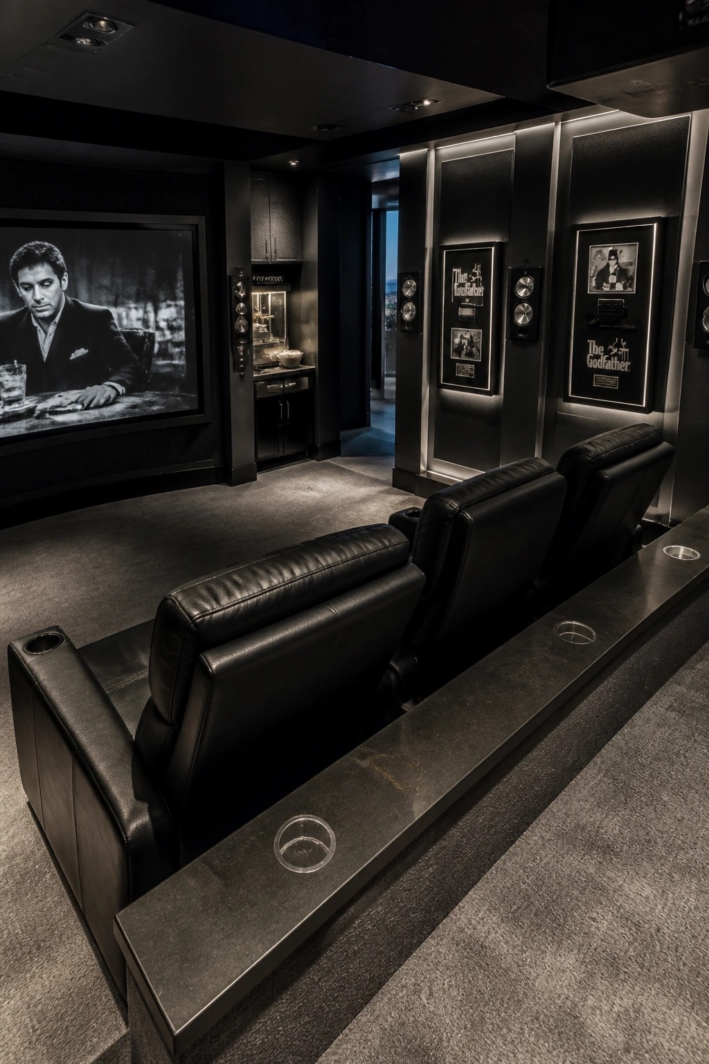 Interior view of a dark home theater with black leather recliners, a large screen showing a film scene, and illuminated framed Godfather posters on the side wall.