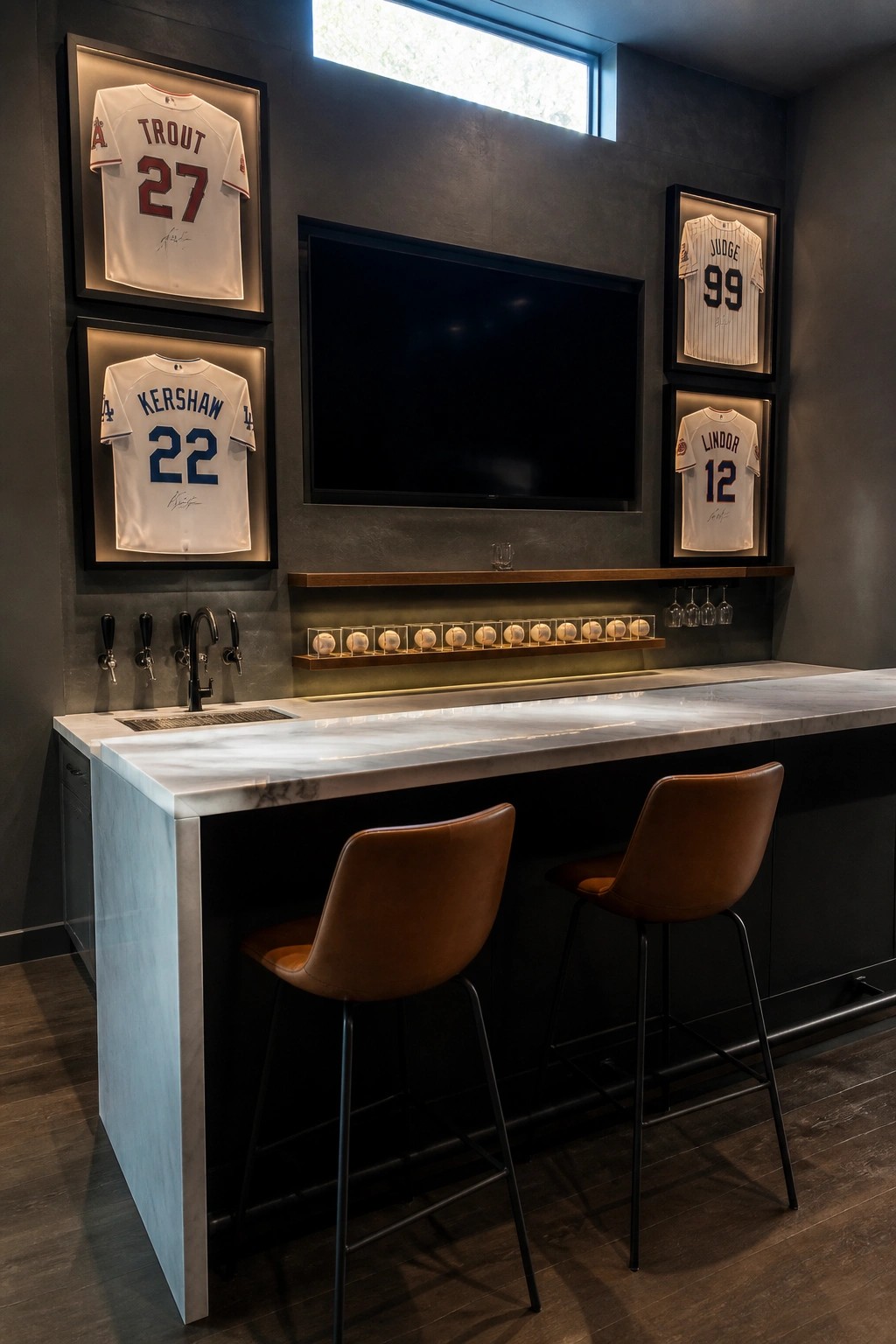Interior view of a home bar with a large wall-mounted television centered between four backlit framed baseball jerseys, a marble countertop, and two brown leather bar stools.