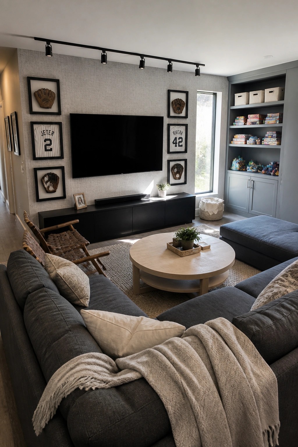 Cozy living room with gray sectional sofa, round wood table, and baseball jerseys on wall.