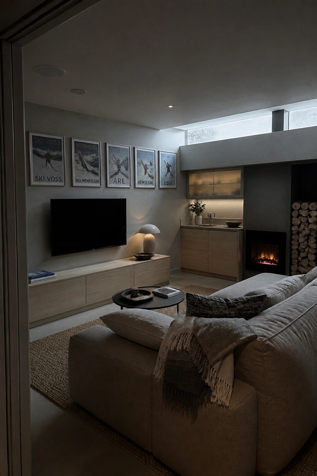 Modern living room with beige sofa, ski posters, TV console, and fireplace.