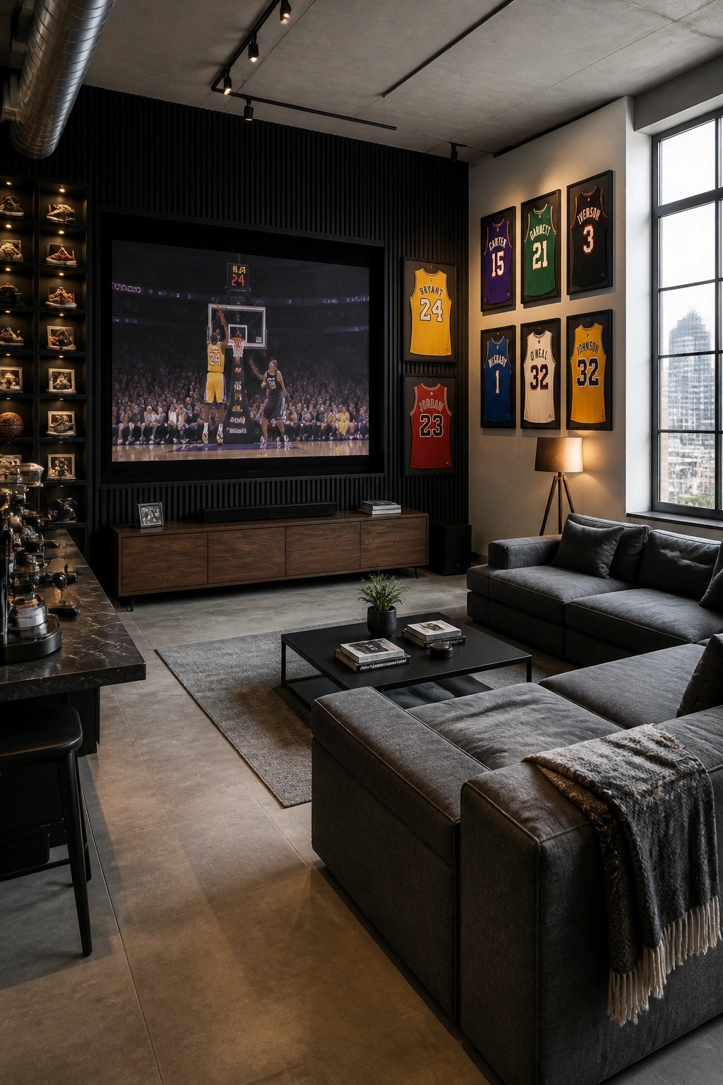 A living room with a large television showing a basketball game, multiple framed NBA jerseys mounted on the wall beside it, and a gray sectional sofa in the foreground.