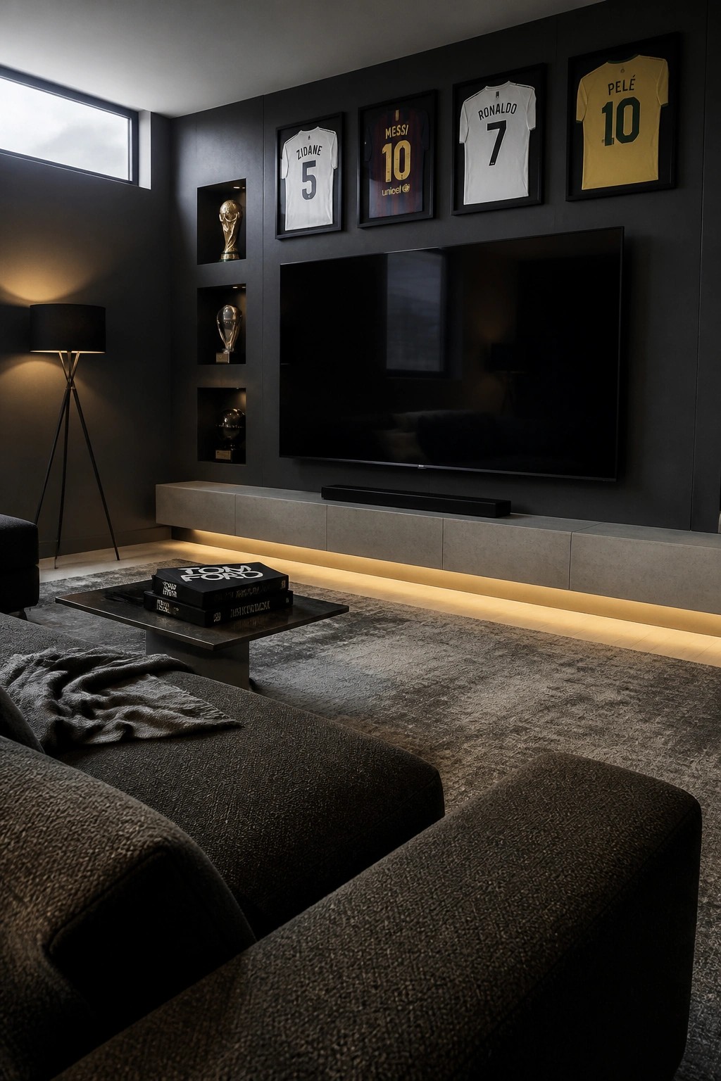 A dark gray media room with a large television on the wall, four framed soccer jerseys above it, and three illuminated niches holding trophies to the left of the screen.