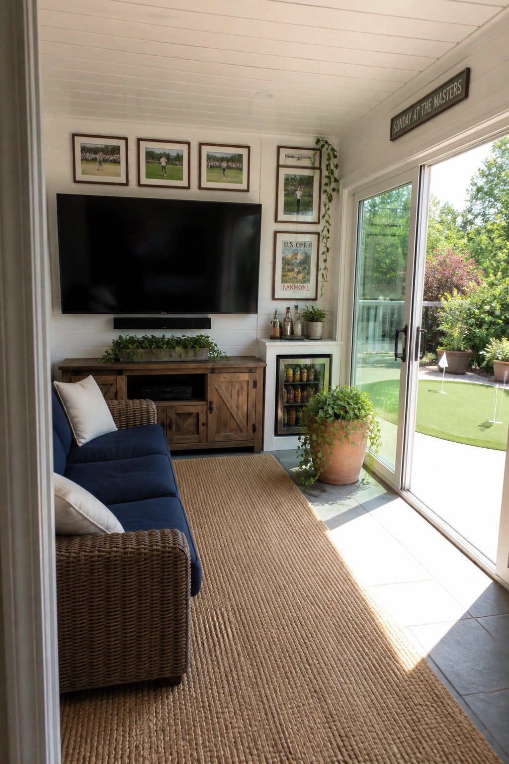 An interior room with a large TV on a white wall, framed golf photos arranged around it, a blue sofa and wooden console below, plus a mini fridge and glass doors leading outside.