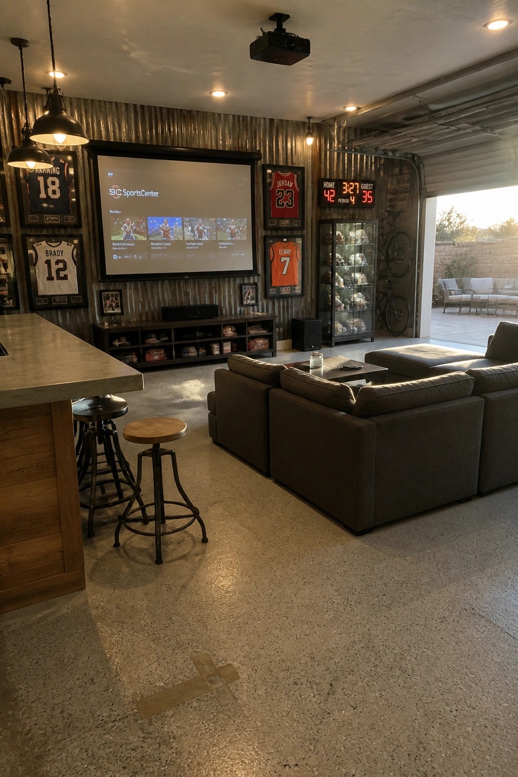 Interior view of a sports-themed room with a large screen on a corrugated metal wall, framed jerseys mounted on both sides, a dark sectional sofa, bar stools, and a helmet display case.