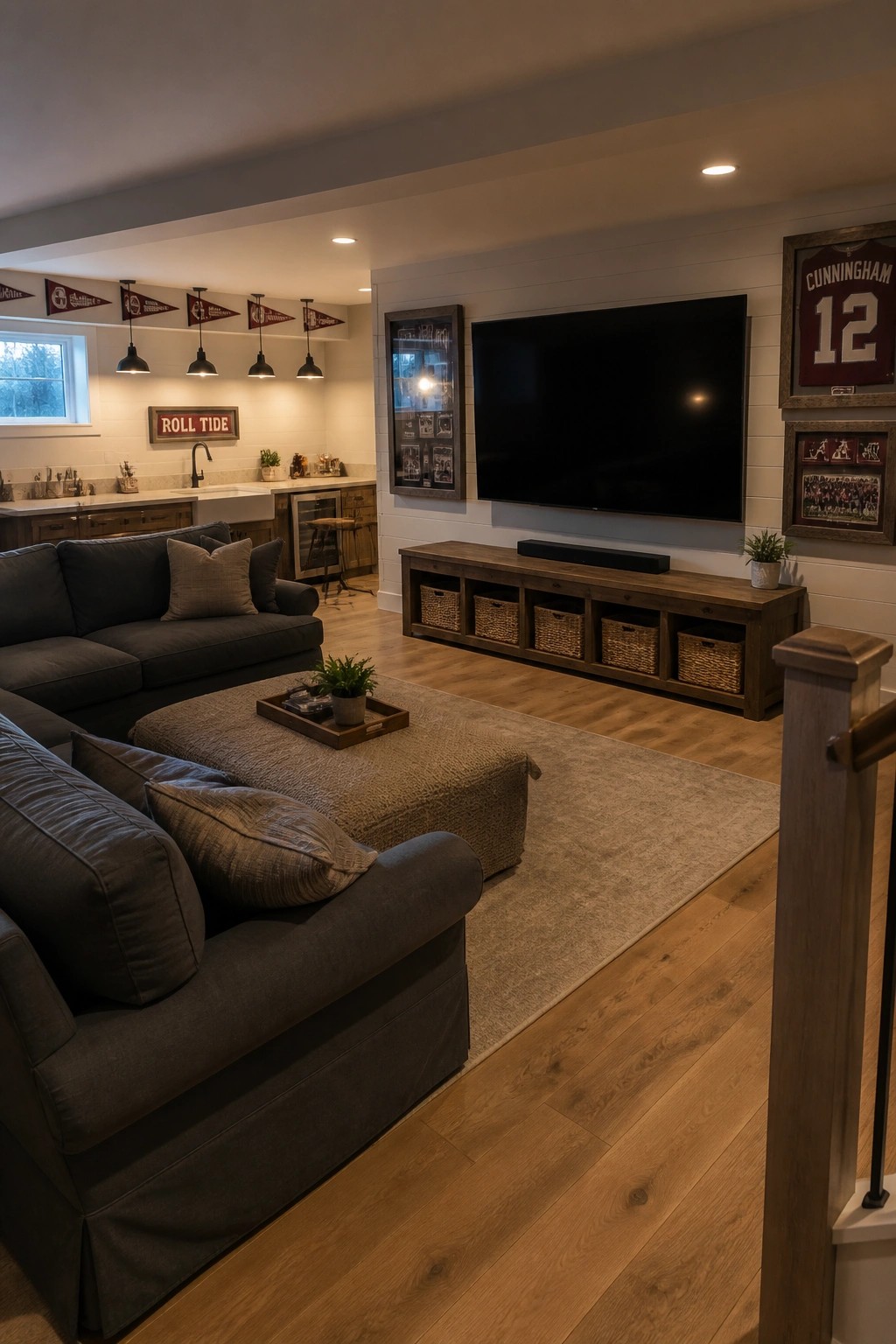 Cozy basement living room with gray sectional sofa, TV, wooden console, and sports pennants.