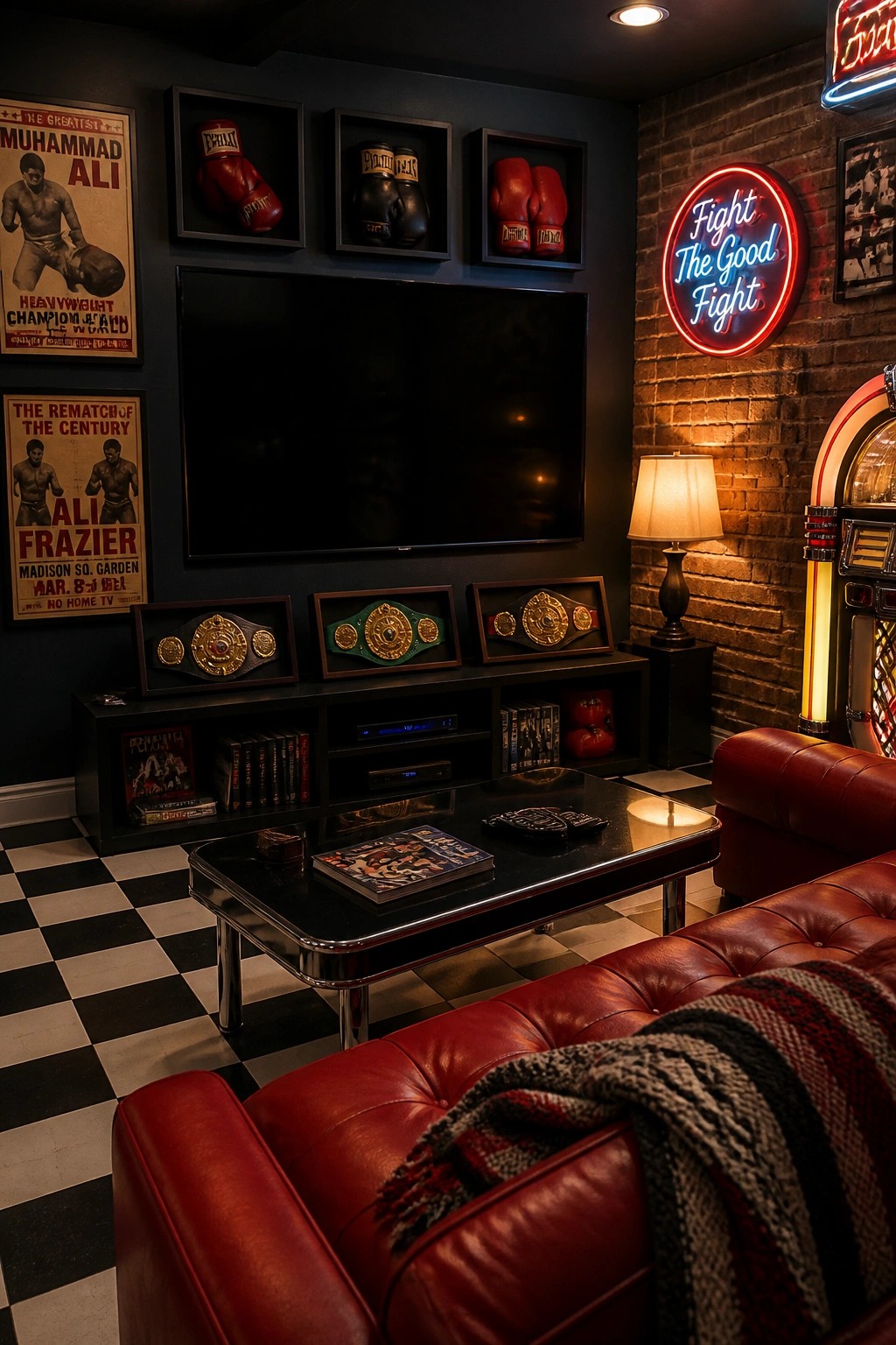 Red leather sofa before boxing belts, gloves, neon sign, jukebox, and brick wall