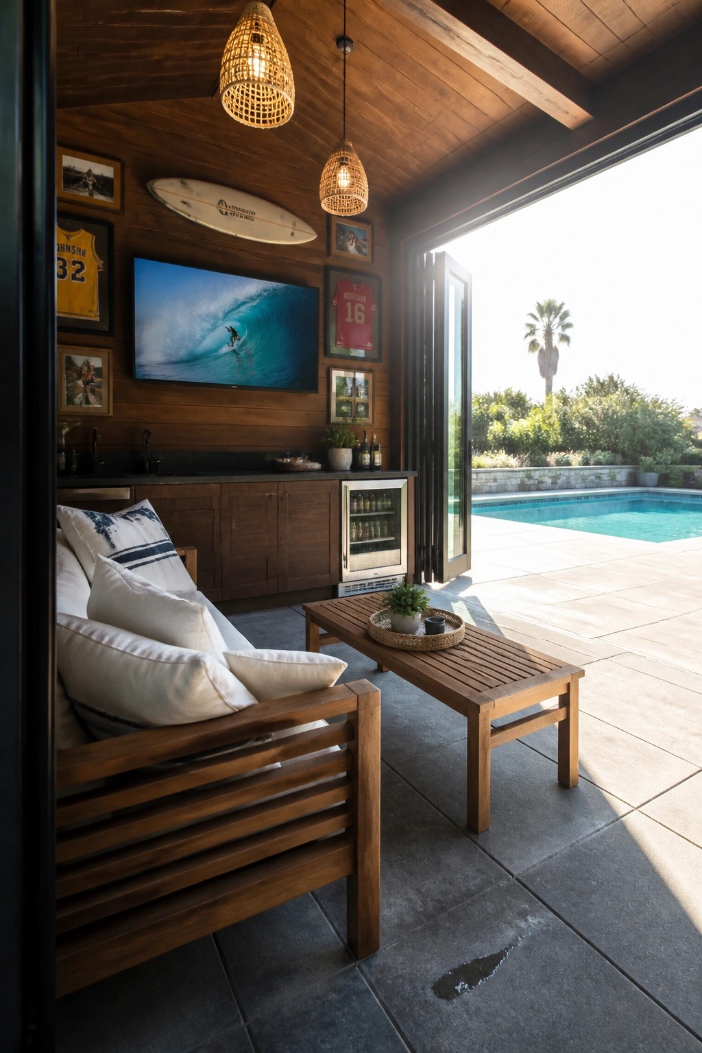 A covered outdoor patio features a wooden accent wall with a large mounted TV showing a wave, several framed sports jerseys and photos, a surfboard, and a white sofa facing a wooden table, with open doors revealing a pool outside.