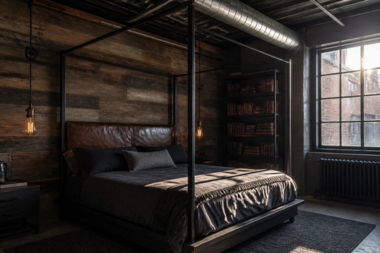 23 Industrial Dark Masculine Bedrooms With Exposed Metal and Reclaimed Wood A dark masculine bedroom with a black four-poster bed against reclaimed wood walls, exposed metal ductwork overhead, and a large window on the right side.