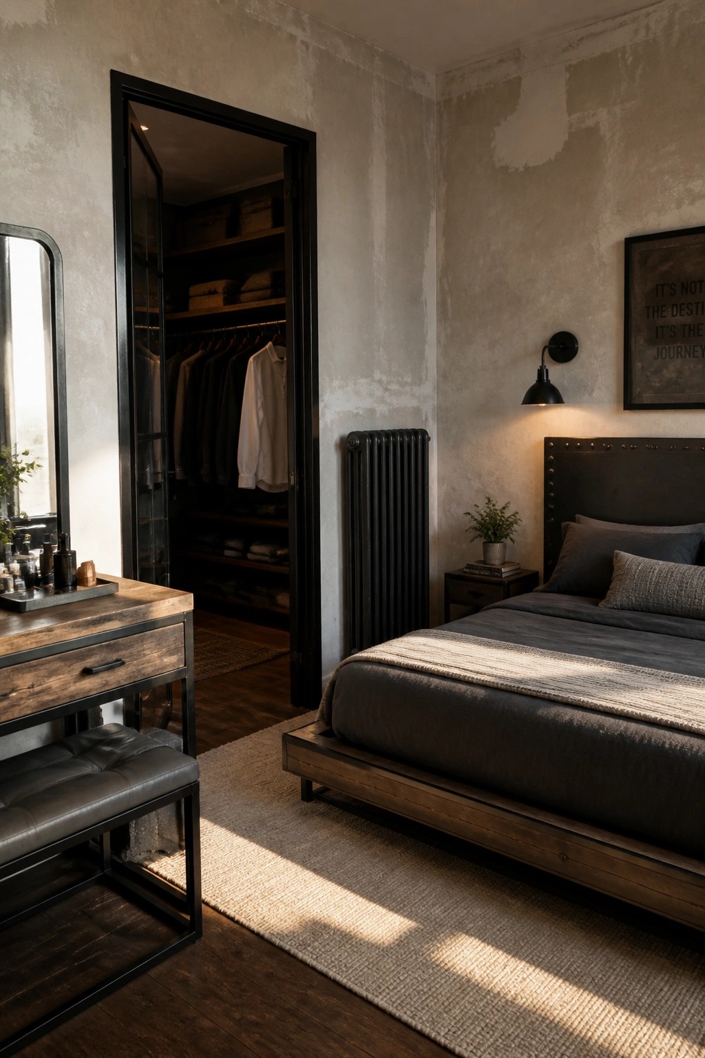 A masculine bedroom featuring an open black metal framed closet, reclaimed wood vanity with bench, dark wood bed frame, concrete walls, and a black radiator.