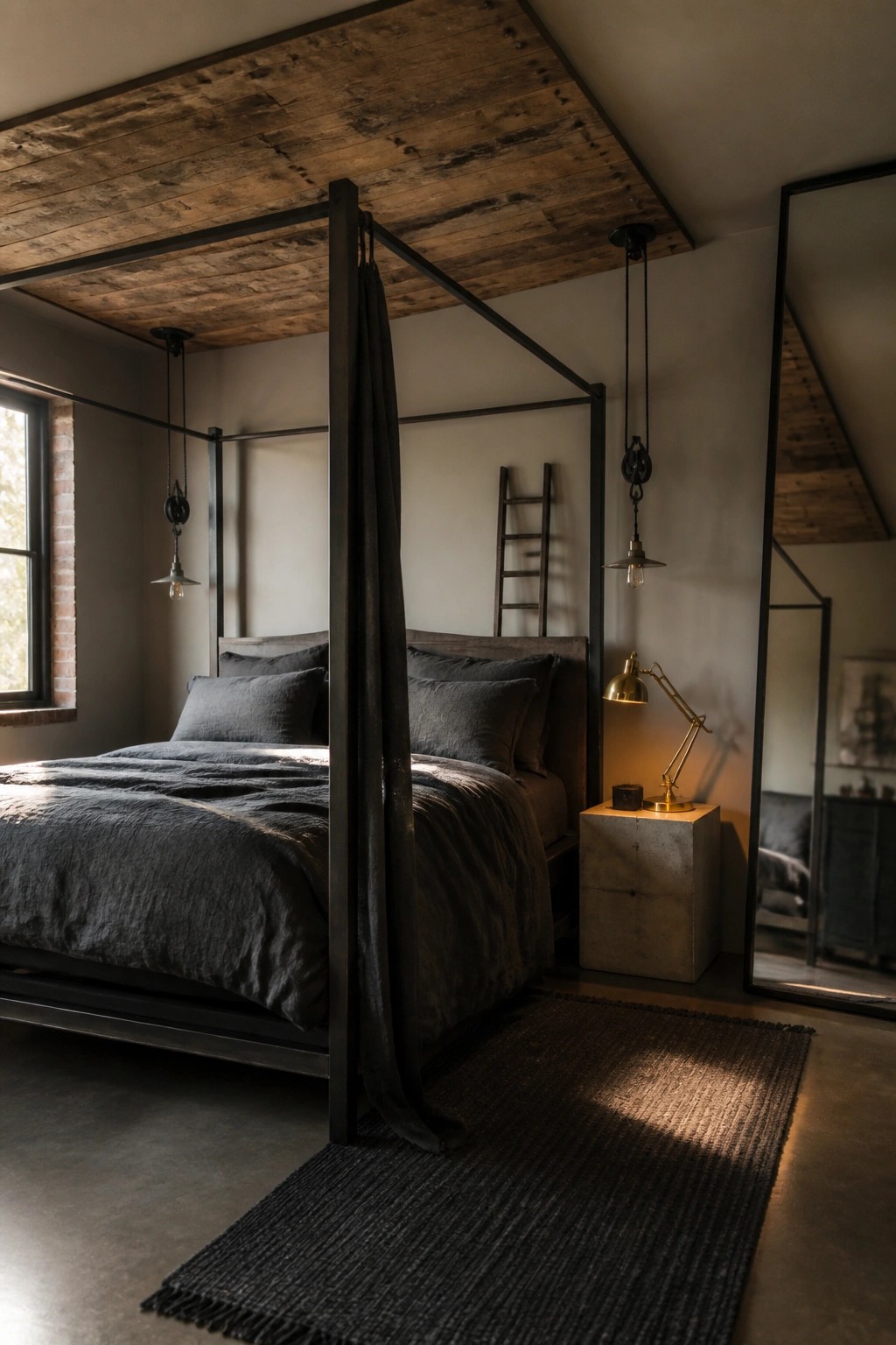 A bedroom with a black metal canopy bed in dark linens under a reclaimed wood ceiling, a concrete nightstand, and brass task lamp beside the bed.