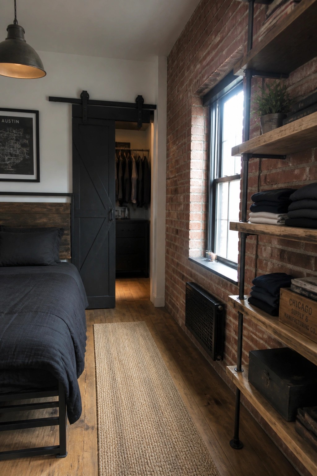 A bedroom with a dark wood bed, gray bedding, black sliding barn door to a closet, exposed brick wall with industrial metal shelves holding folded clothes, and a woven rug on hardwood flooring.