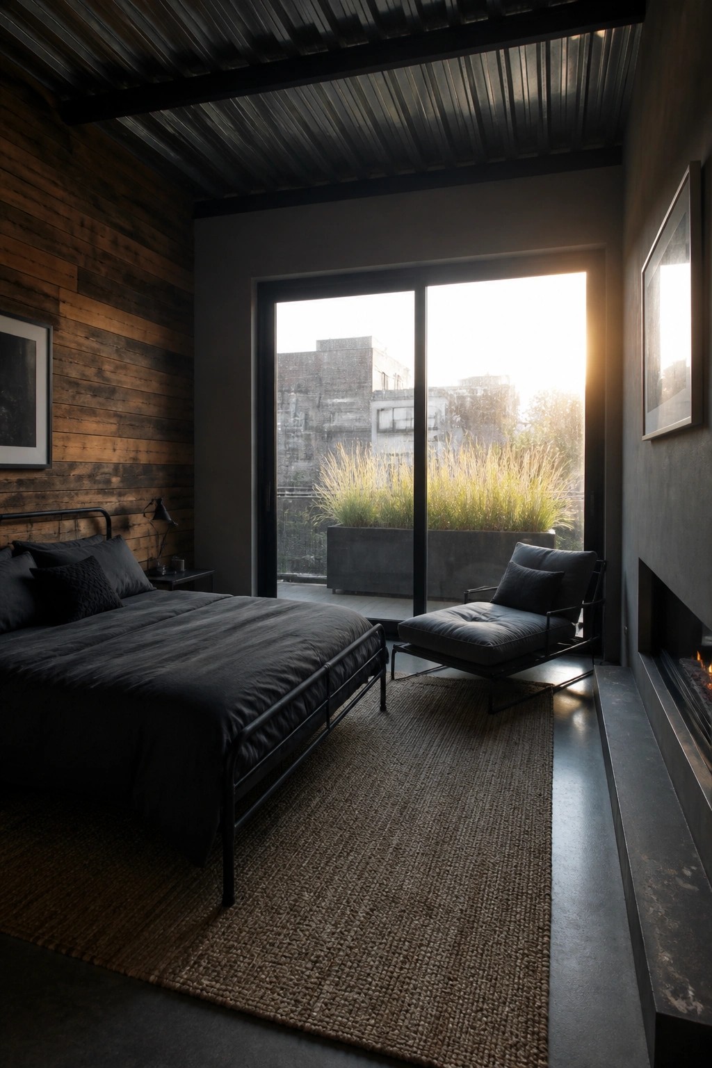 Dark bedroom interior with reclaimed wood accent wall, black metal bed frame, large sliding glass door, and woven rug on concrete floor.