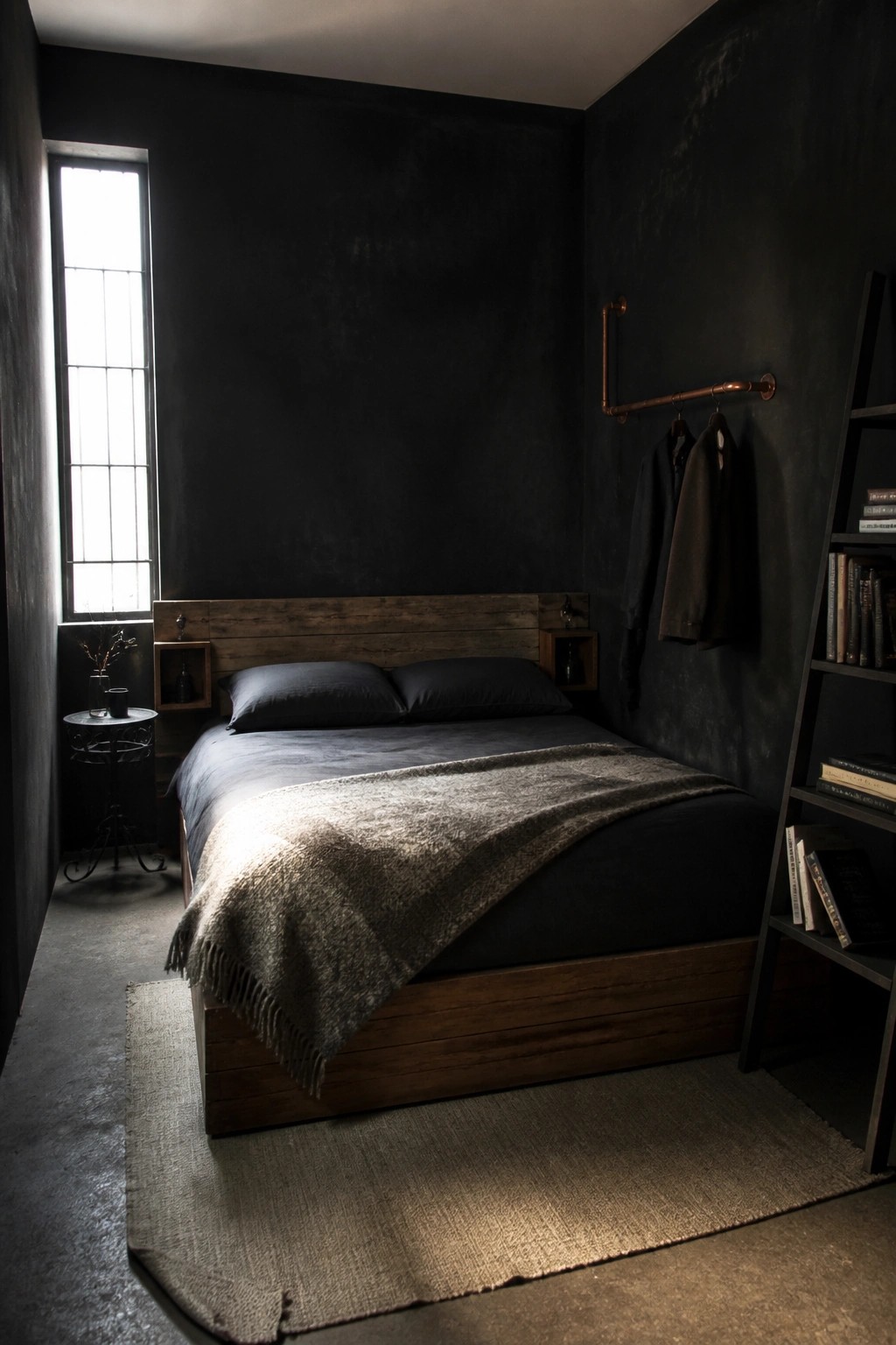A dark bedroom featuring a reclaimed wood platform bed with dark gray bedding, black walls, a tall window on the left, and a copper pipe clothing rack on the right wall.