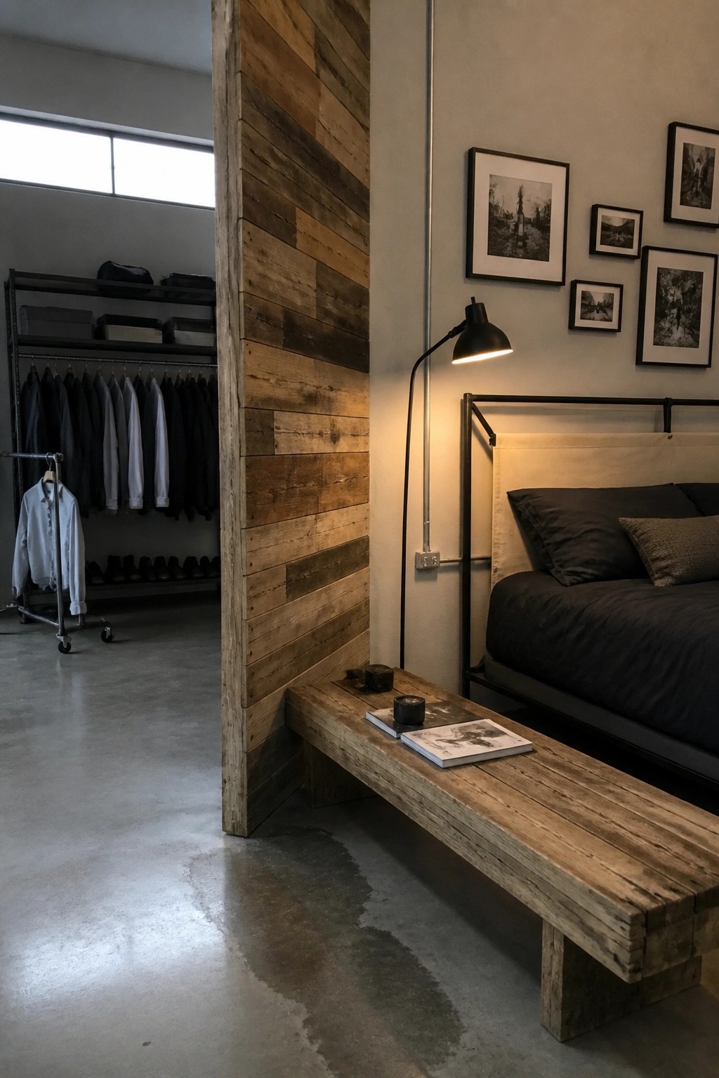 Bedroom with dark metal bed frame, black bedding, long reclaimed wood bench at the foot of the bed, wood accent wall, and black floor lamp.
