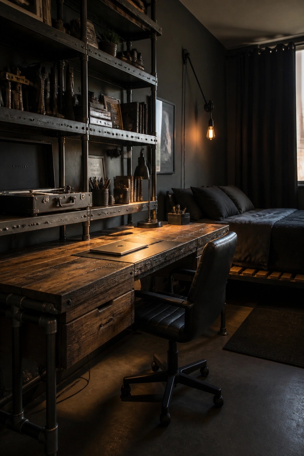 A dark bedroom interior with a long reclaimed wood desk on metal pipe legs, a black leather office chair, metal shelving units above the desk, and a bed with dark bedding visible in the background.