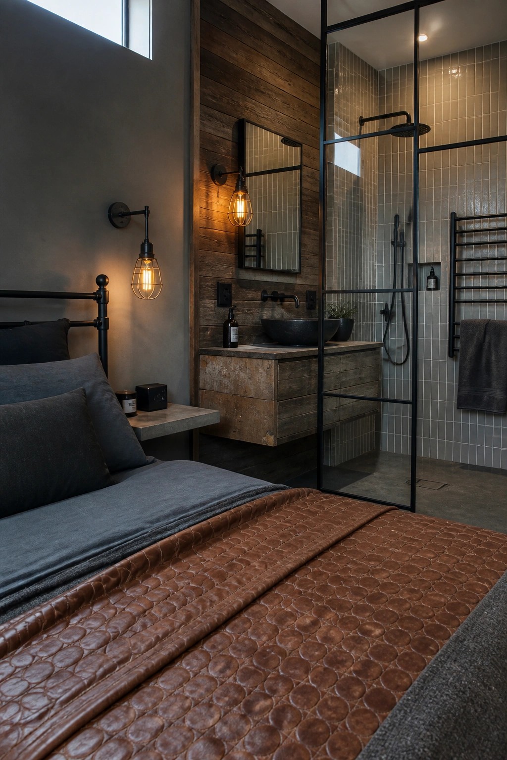 A bedroom with gray bedding and a brown quilt in the foreground, next to a floating reclaimed wood vanity with a dark stone sink and a glass shower enclosure framed in black metal.