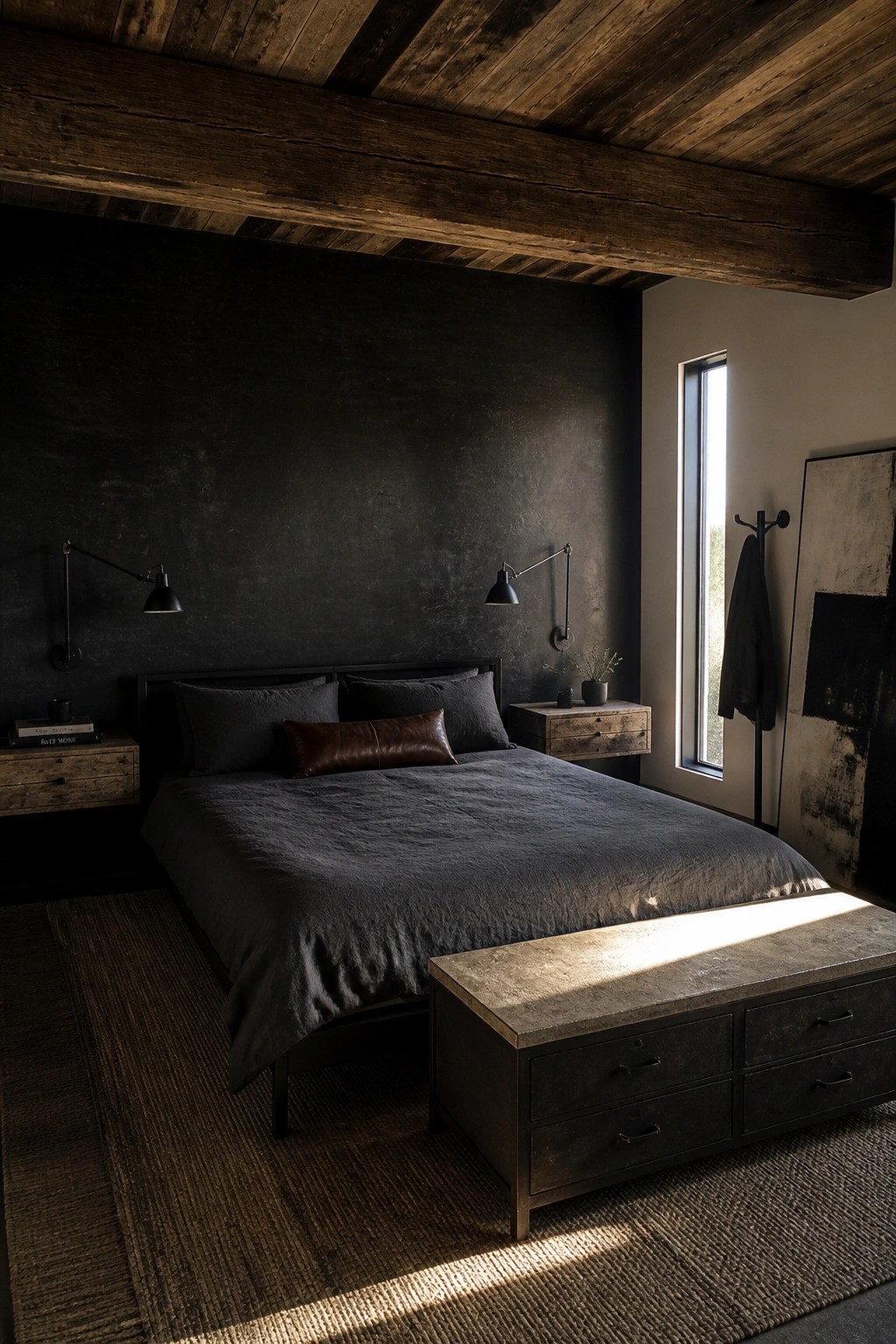 Dark bedroom with black walls, bed, wall lamps, sunlight, and abstract art.