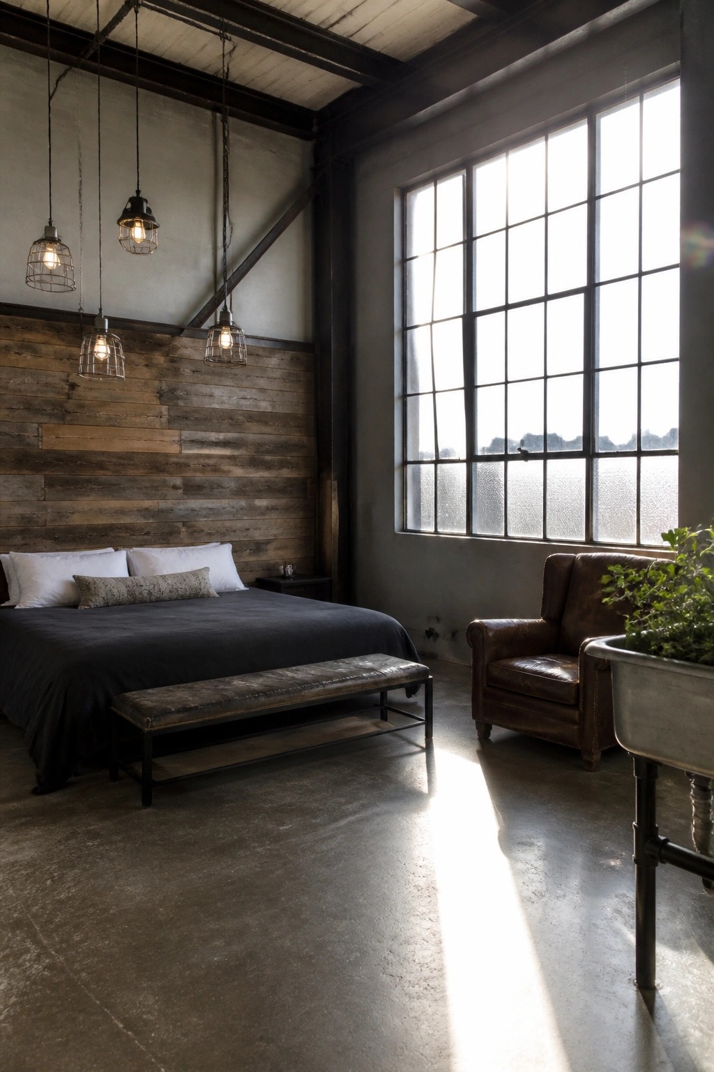 A bedroom with a bed dressed in dark linens against a reclaimed wood accent wall, several hanging metal pendant lights, a large window on the right, and a leather armchair.