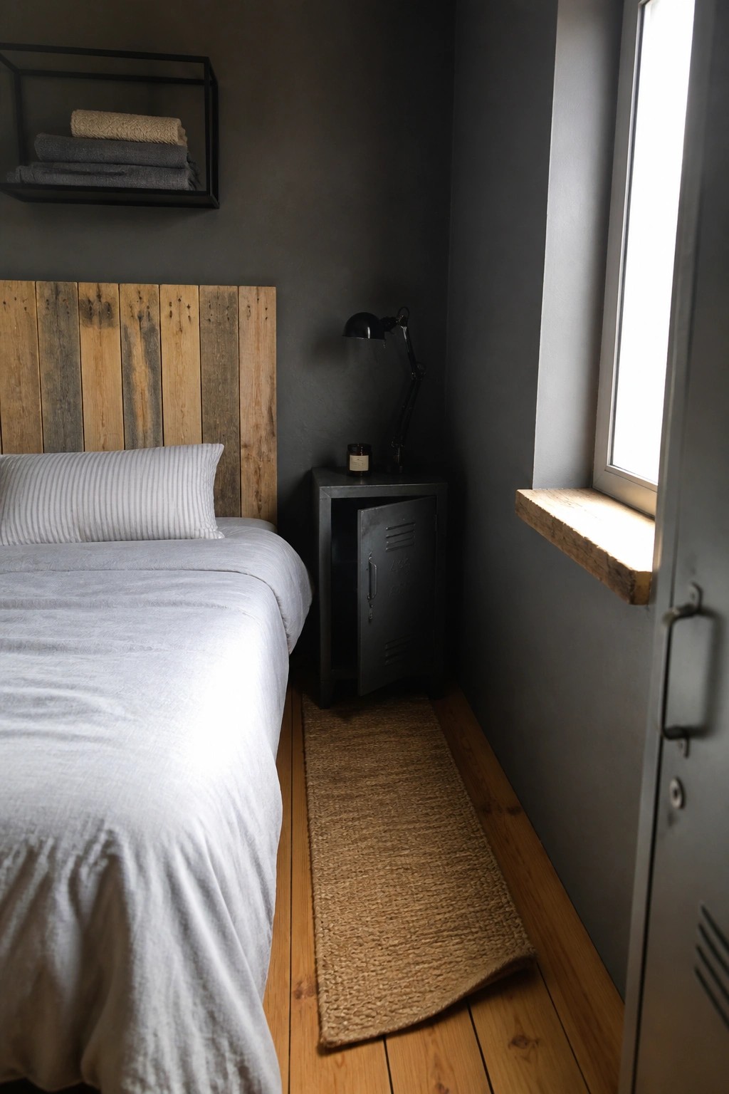 A bedroom featuring a bed with light gray bedding against a reclaimed wood headboard on a dark wall, a metal nightstand, and a woven rug on wood flooring.